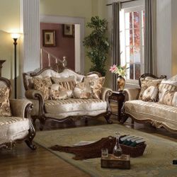 3PC French Beige Chenille Cherry Carved Wood Arm