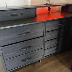 ‼️ASSEMBLED ‼️ BRAND NEW Black 12 Drawer Dresser with LED Lights Charging Station Power Outlets 55 inch Wide Fabric Storage Chest Wood Top with 2 Shel