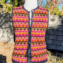 Vintage Lilac Fair Isle Women's Petite Small Wool Button Knit Sweater Vest GUC