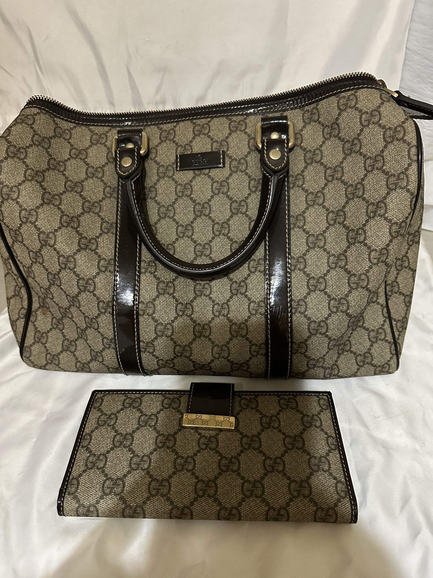 Gucci Boston Tote Bag #193603 & Brown Canvas Long Wallet 