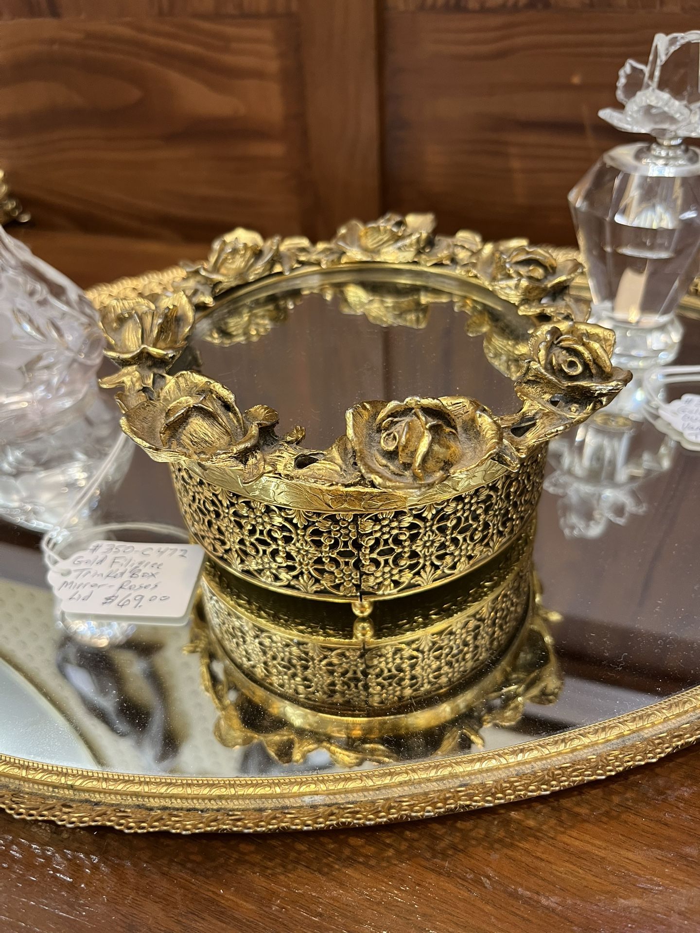 Gold Filigree trinket box w mirror and roses. 3 pc