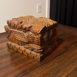Vintage Antique Hand-Carved Wooden Jewelry Treasure Box