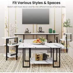 Coffee Table Set, Coffee Table and Two Side Tables, Faux Marble Top and Metal Frame, 3 Piece Coffee Table Set for Living Room Apartment