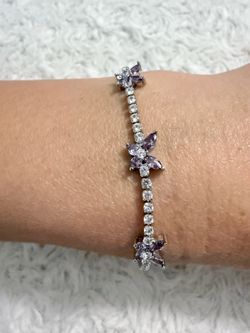 Silver Tennis Bracelet with Purple Floral Stones