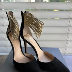Vince Camuto Suede Heels with Gold Straps 