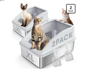 AIPERRO 2 Pack Stainless Steel Litter Box | XL Enclosed Cat Litter Boxes with Lid for Big Cats and Multi-Cats | High Sided, Anti-Urine Leakage | Non-S