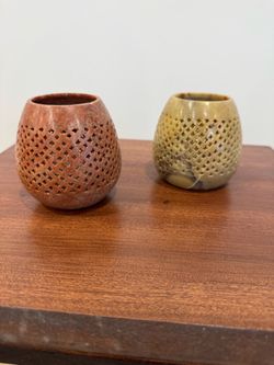 Pair Soapstone Votive Candle Holders Hand Carved Openwork Made in India