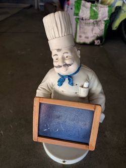 VINTAGE Decorative chef figurine holding a small chalkboard. Chef Figurine with Chalkboard. 15,5”X7,5 “. Just $20 only 👍.