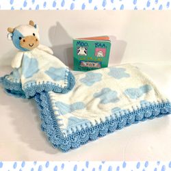 Blue & White Cow Crochet Baby Blanket, Lovey and Book Gift Set