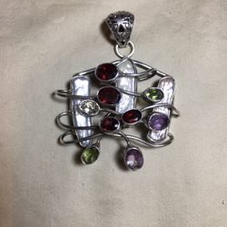 Modernist Sterling Silver & Multi Gem Pendant