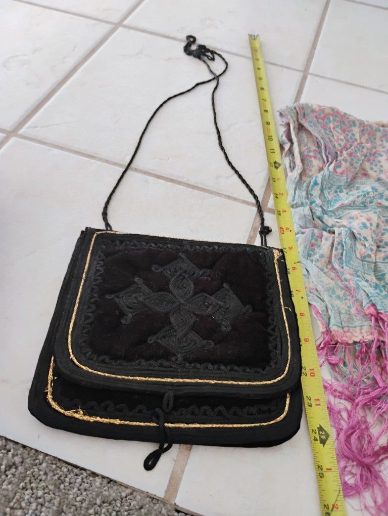 8"x 8" (24 in with string), Moroccan pouch shoulder bag, velvet. Handmade embroidered purse, black with gold trim, new, never used