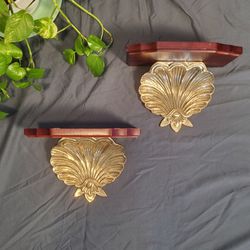Vintage  Solid Brass and Wood Clam Shell Wall Hanging Shelves