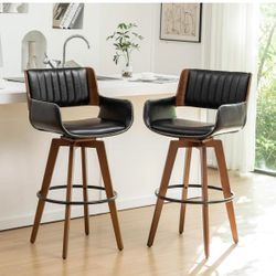 Black Bar Stools Set of 2, 30 Inch Bar Stools Bar Height,Swivel Barstool with Backs and Arm Rest，Faux Leather Bar Chairs, Mid Century Modern Stools fo