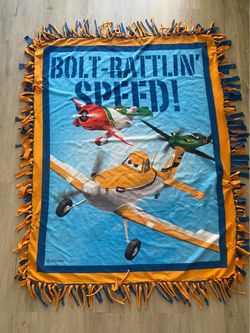 Disney Planes Fleece Tie Blanket Dusty Crophopper Hand-Knotted Fringe boarder