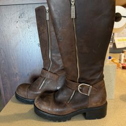 Vintage Harley Davidson Boots Womens 6.5 Brown Leather Knee High Heeled Steampunk
