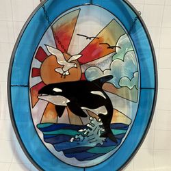 Stained Glass Suncatcher Killer Whale Orca And Seagull Ocean Sun Waves Art