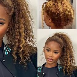 Water Wave 30 Inch Invisible Strap 360 Full Lace Front Wig Honey Blonde Highlight Deep Wave Frontal Wig Glueless Wig Human Hair