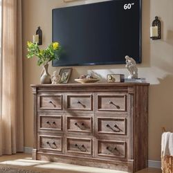 Dresser with 9 Drawers, Large Rustic Wood Closet Storage with Roman Column for Bedroom