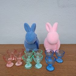 Easter Bunny decoration Blue And Pink With Glass Egg Holder 