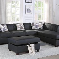 Brand New Black Leather 3pc Sectional Sofa With Storage Ottoman 