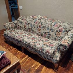 Tapestry Sofa with Wood Trim 