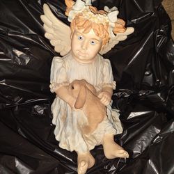 Beautiful Child Angel Carved Clay Sculpture Hand Painted