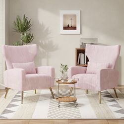 Assembled New Set Of 2 Velvet Accent Chair Set of 2Wingback for Living Room, High Back Arm Chair with Golden Legs Lumbar Pillow