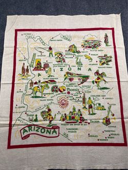 Vintage 1950 Arizona Map Print Cloth, Catcus Cloth