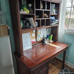 Walnut Stained Wood Desk & Hutch By Libery Furniture Industries
