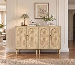 Rattan Door Sideboard Cabinet with Gold Handles