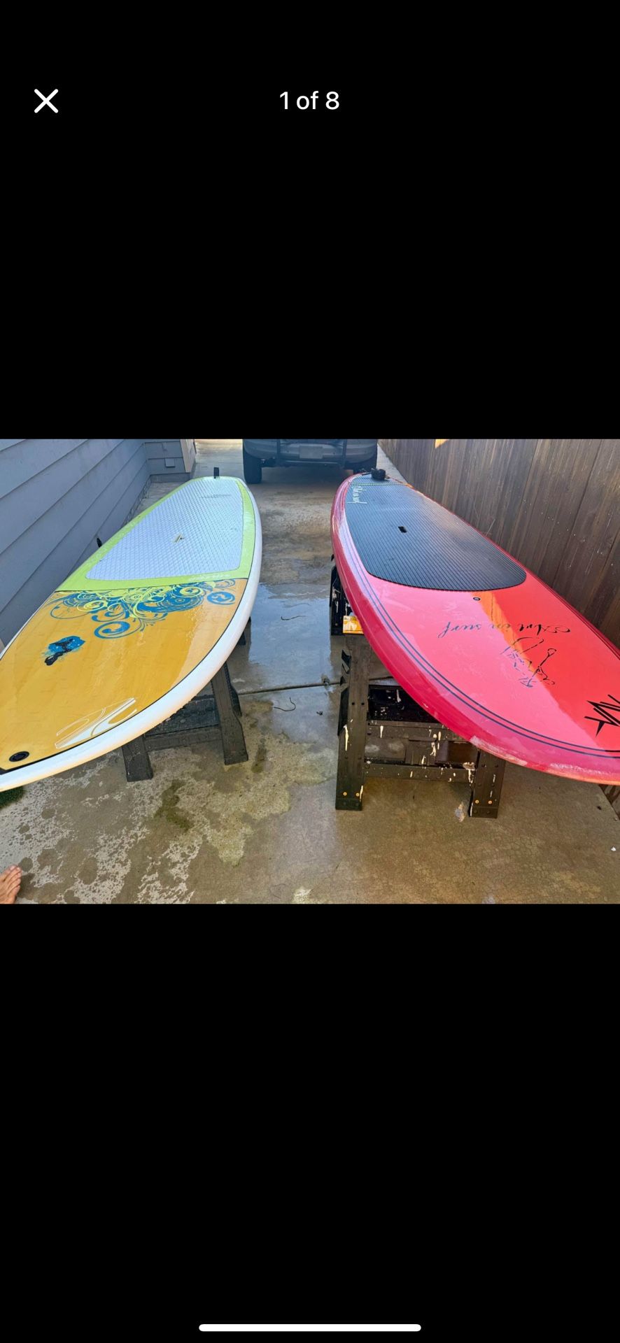 2 Paddleboards, 10’6” & 10’4” With Paddles Leashes And Board Bags