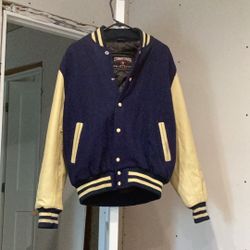 Stewart & Strauss Navy Blue & Cream Varsity Letterman Wool/Leather Jacket