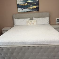 King Bed with Mattress & LED Nightstands – $400