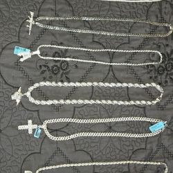 SOLID SILVER CHAINS AND REAL MOISSANITE MONACO, ROPE, CUBAN CURB AND PENDANTS