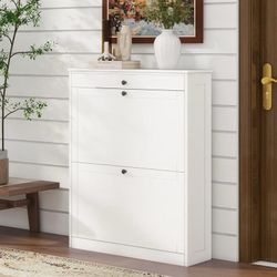 White Shoe Cabinet with Flip Drawers