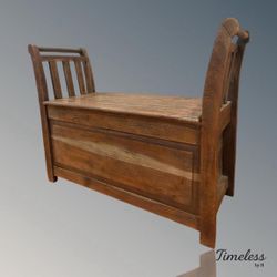 Antique Wooden Storage Bench with Backrest
