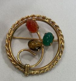 Gold-Tone Oval Floral Brooch with Multicolor Stone Accents