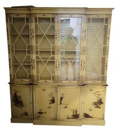 Vintage Chinoiserie Breakfront Cabinet – Hand Painted Hollywood Regency China Hutch w/ Key, Glass Doors, Shelves, 78.5" Tall

