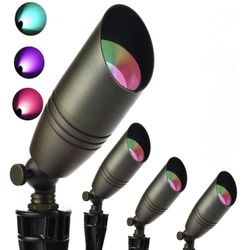 4pack RGB Low Voltage Landscape Lighting, Color Changing Brass Landscape Lights with 4 MR16 Light Bulbs, 12V Outdoor Spot Lights for Yard Garden Pathw