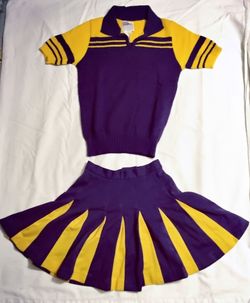 Vintage 60's / 70'sCheerleader Outfit Sweater and Skirt Set - Dark Purple & Yellow / Gold Size 9-34