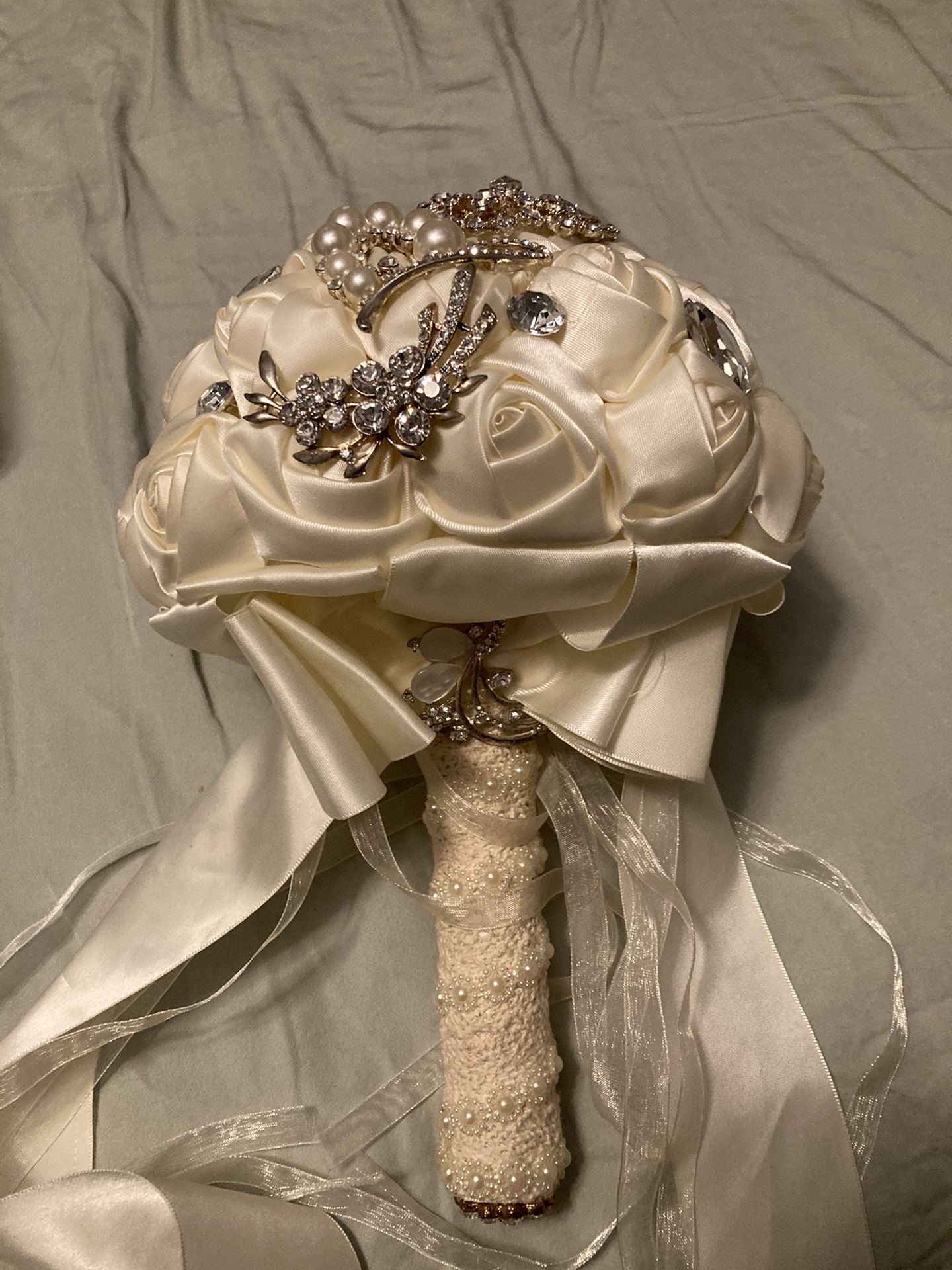 Bridal Bouquet With Satin Flowers And Broaches