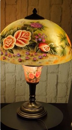 Pair Vintage Tiffany Style Reverse Painted Floral Table Lamps – Double Light