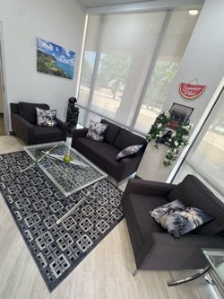 Living Room Set: Loveseat, 2 Sofas, Pillows, 2 Tables & Rug