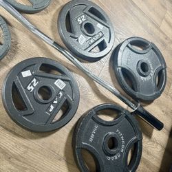 Olympic Equipment: Silver Curl Bar  & Weight Plates Pairs Of  35s, 25s, 10s And 2.5s  Pounds   (Total: 163 lbs)