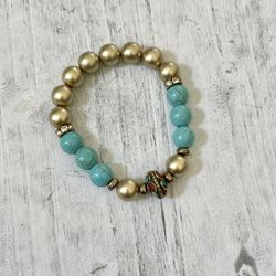 Turquoise Gold Tone Stretchy Beaded Bracelet 
