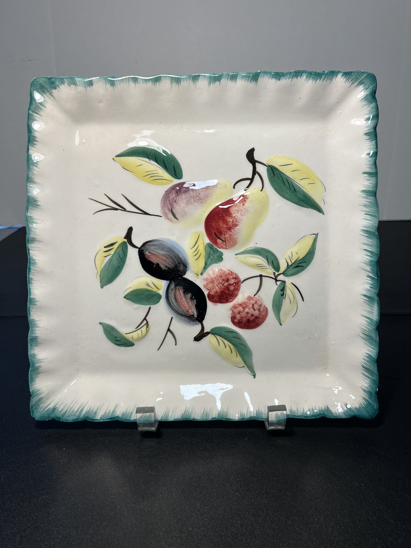 NPS Nora Stone Pottery 1960s Square Hand Painted Fruit Cottagecore Plate, 10”