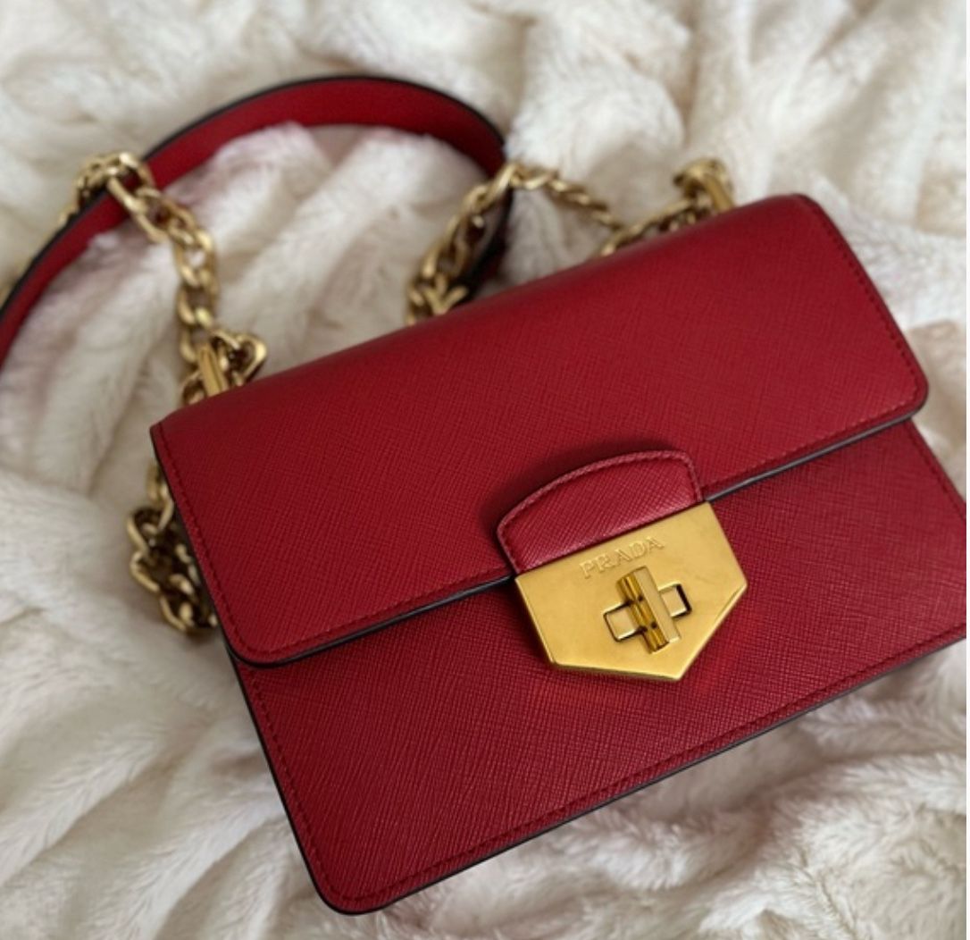 PRADA Pattina Red Saffiano Leather Gold Chain Shoulder Crossbody Bag