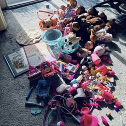 Mix Lot Of Toys For Girls of dolls, stuffed animals, and plastic toys Used