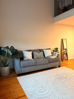 Gray Fabric Sofa with Nailhead Trim