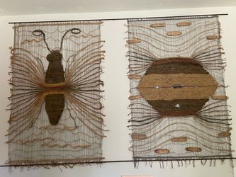 Vintage 1960s Madagascar Raffia Fiber Wall Art – Large Pair – 45” x 29” Each